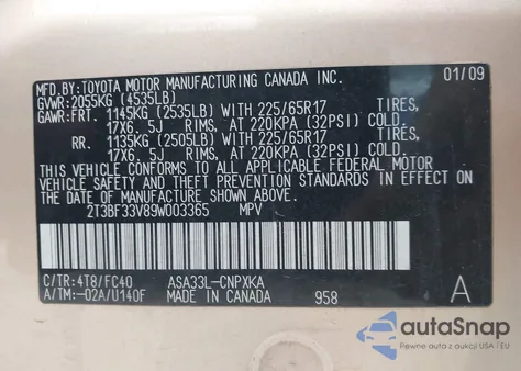 2009 Toyota Rav4 из США, поврежденный, VIN 2T3BF33V89W003365